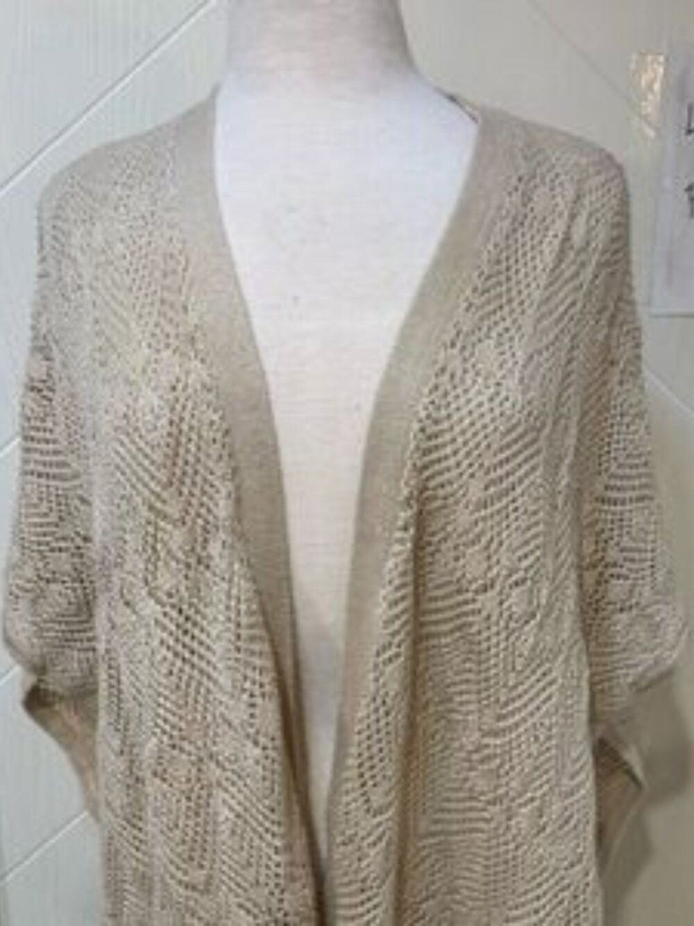 Warehouse One Boho Cream Open Knit Fringe Cardigan Kimono Shawl Wrap‎ Coverup